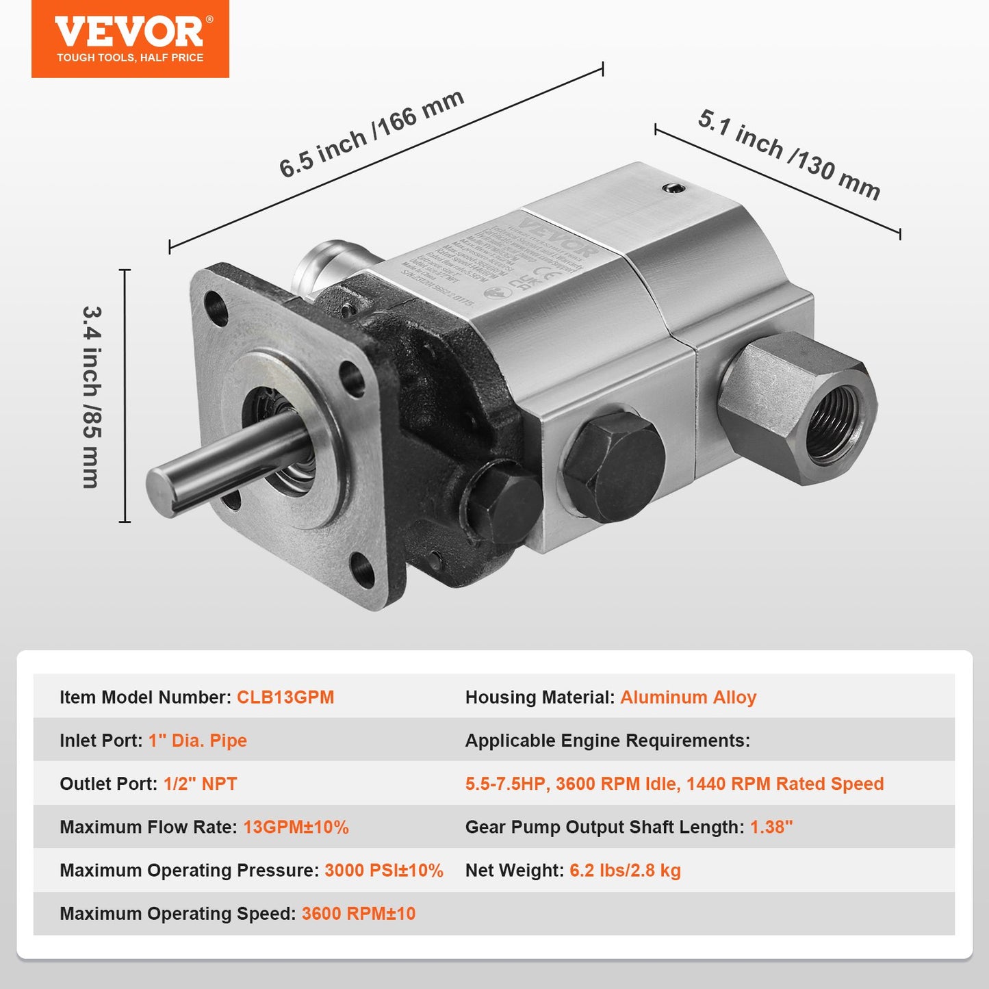Hydraulisk vedklyvspump, 13GPM, 2-stegs 3000PSI vedklyvspump, 1'' inlopp 1/2'' NPT-utlopp 3600 RPM hydraulisk kugghjulspump i aluminium, för liten motormontering av vedklyvar snöplog
