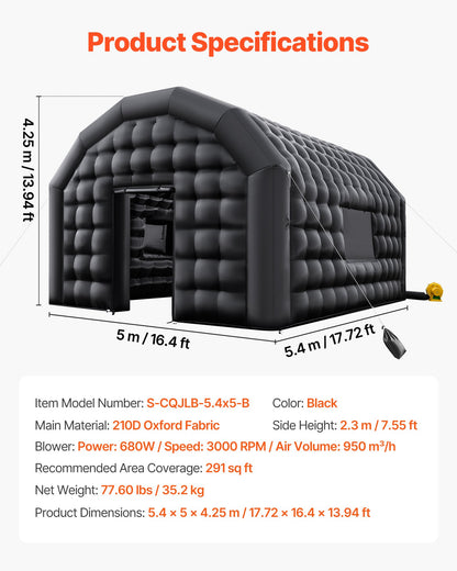Uppblåsbar nattklubb, 5,4 x 5 x 4,2 m uppblåsbart partytält med 680W fläkt och sandsäck, ventilerad uppblåsbar nattklubb med 2 fönster, luftkubhus för evenemang, födelsedag, bröllopsfest