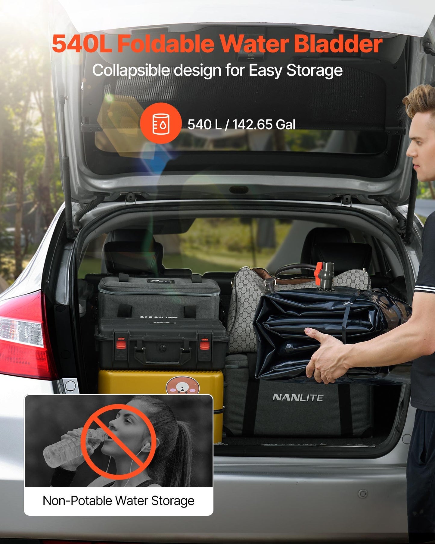 Vattenlagringsblåsa, 540L vattenlagringsbehållare, 1000D PVC stor kapacitet mjuk påseblåsa, hopfällbar och bärbar för trädgårdsbevattning, camping, husbil, nödanvändning - svart