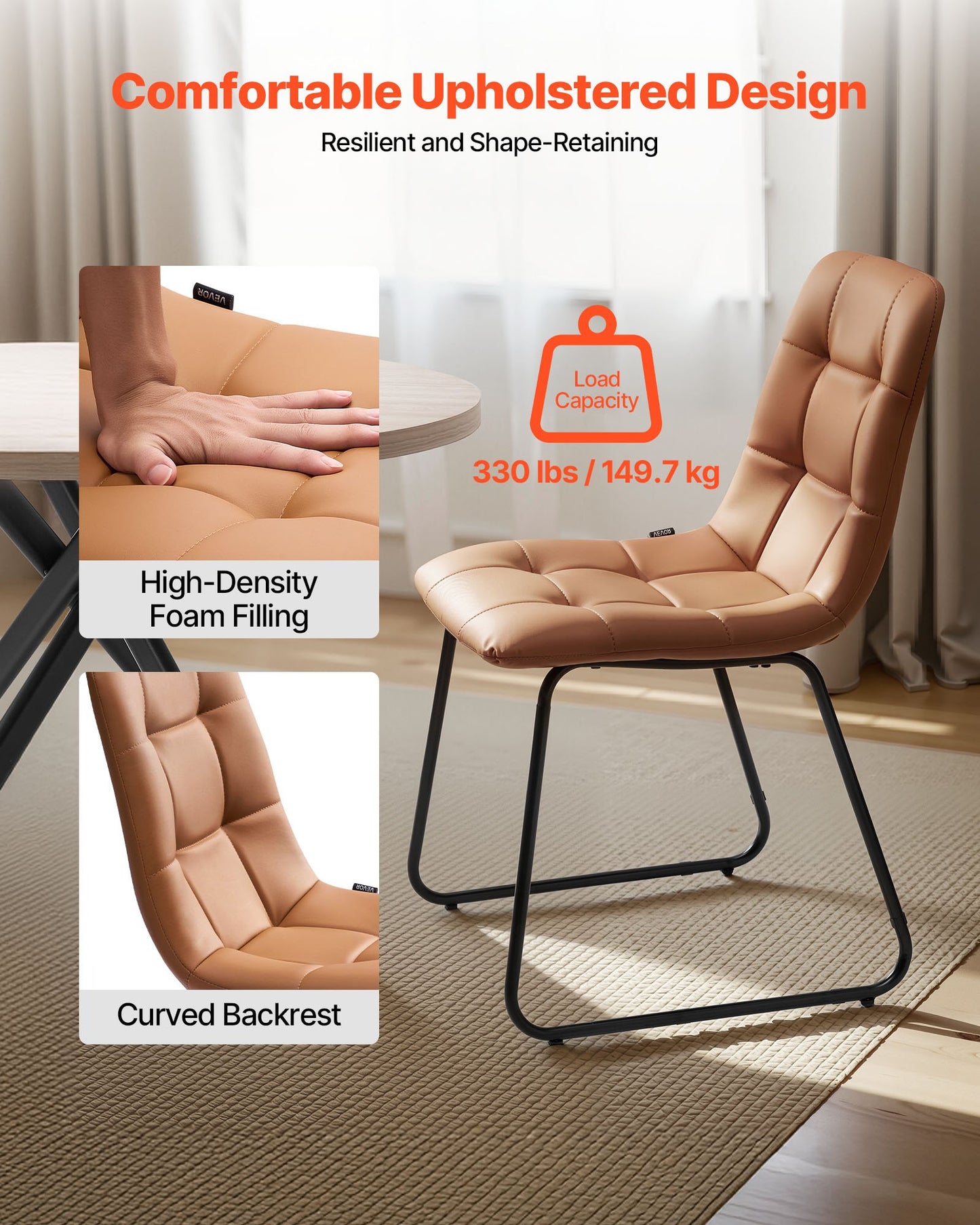 5-delat matbordsset, platsbesparande runt köksbord med 4 stoppade orange stolar, PU-läderdynor, modernt träfärgat skrivbord med justerbara fotstöd för matsal, små utrymmen