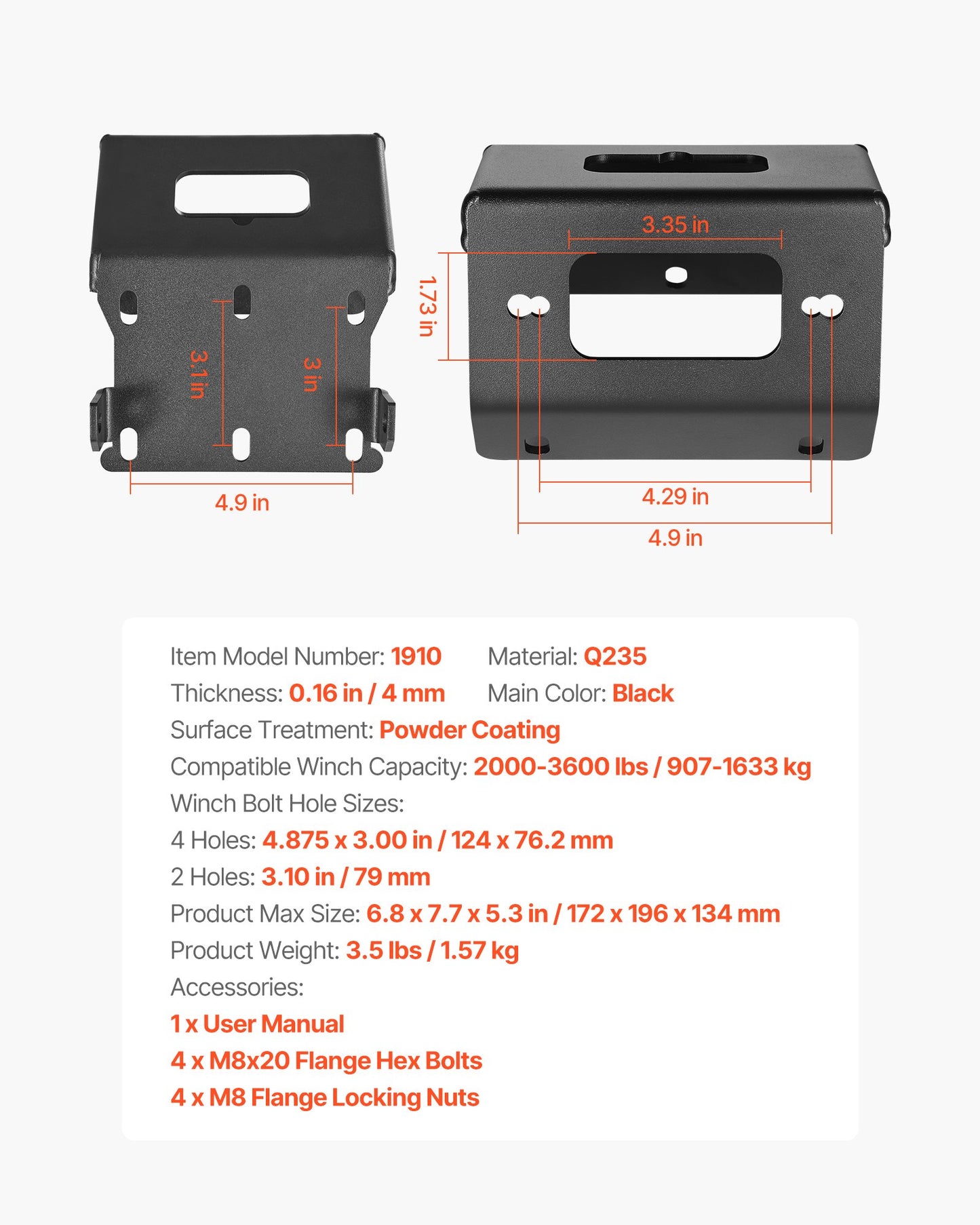 Vinschfäste, vinschkapacitet 907–1633 kg, vinschfäste för dragkrok för utvalda Honda Foreman- och Rancher Rubicon-modeller (2014–2021), design med 2 monteringshål, pulverlackerat stål, svart