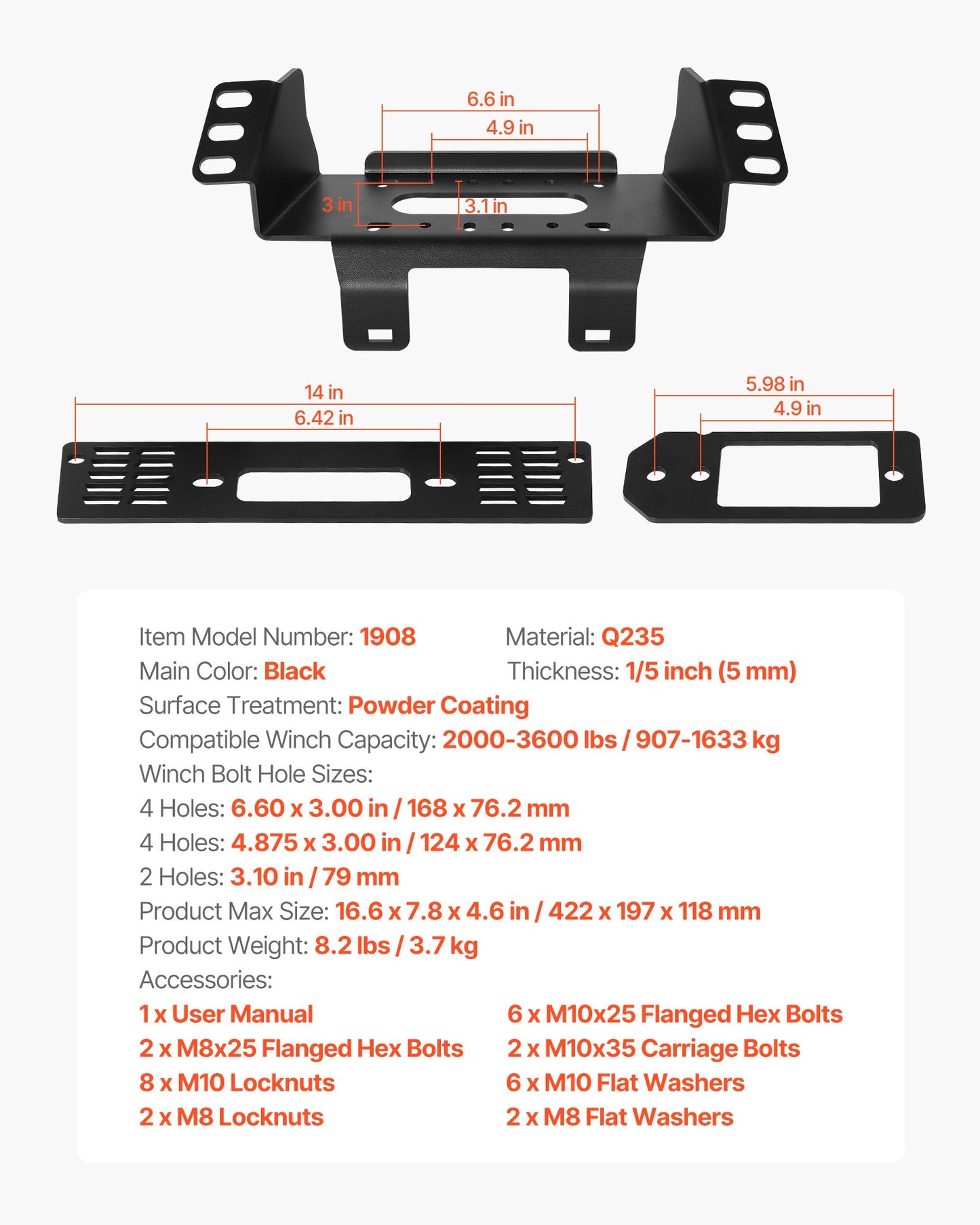 Vinschfäste, vinschkapacitet 907–1633 kg, vinschfäste för dragkrok för utvalda Polaris Ranger-modeller (2010–2021), design med 3 monteringshål, pulverlackerat stål, lämplig för räddning på leriga vägar