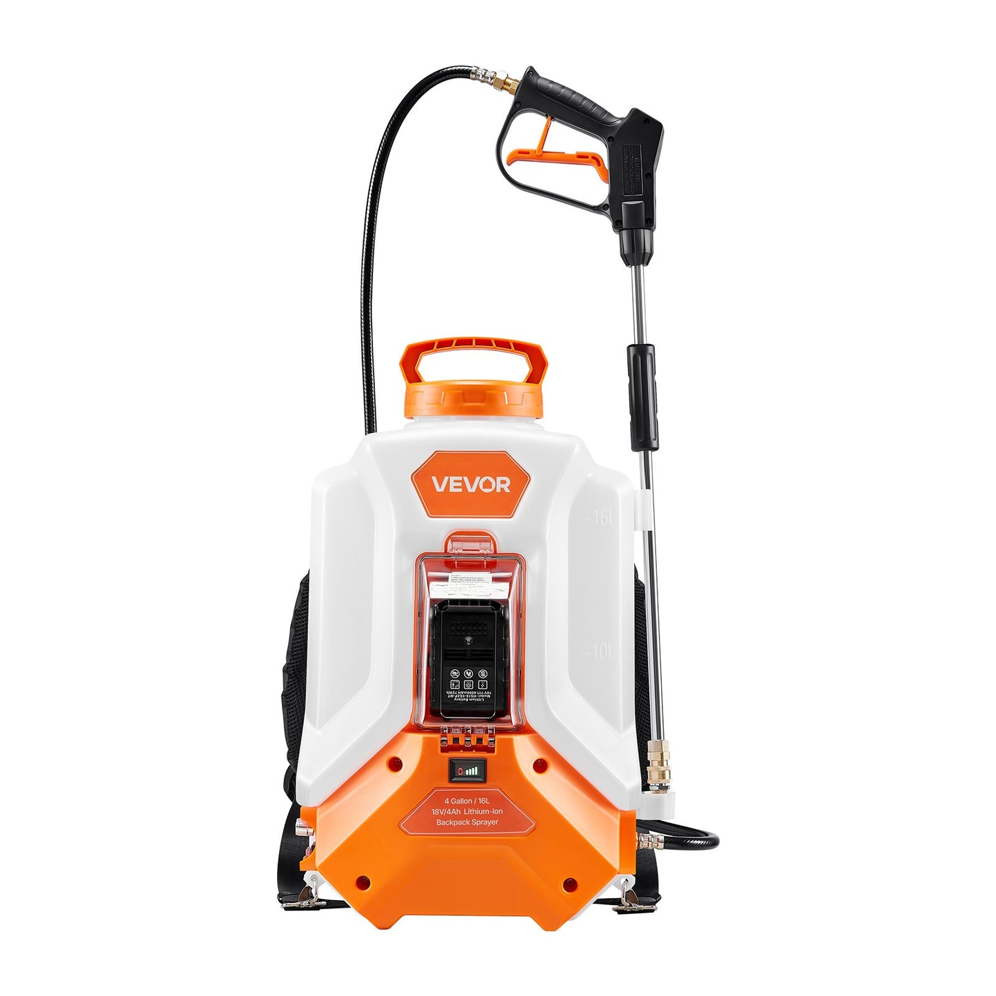 Batteridriven ryggspruta, 16L elektrisk ryggspruta, 2 skaft och 8 munstycken, justerbar 0-90 PSI, 4 timmars drifttid, bärbara trädgårdssprutor för ogräsrensning, sprutning och rengöring