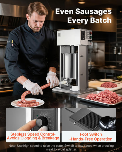 Elektrisk korvfyllare, 10 liters vertikal köttfyllare, steglös hastighetskontroll och fotpedal, kraftig korvfyllare i rostfritt stål med 4 fyllningsrör, för kommersiellt och hemmabruk