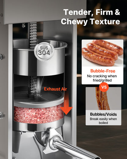 Elektrisk korvfyllare, 10 liters vertikal köttfyllare, steglös hastighetskontroll och fotpedal, kraftig korvfyllare i rostfritt stål med 4 fyllningsrör, för kommersiellt och hemmabruk