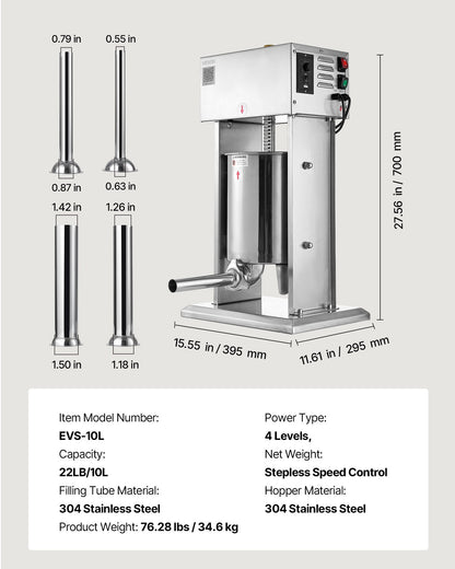 Elektrisk korvfyllare, 10 liters vertikal köttfyllare, steglös hastighetskontroll och fotpedal, kraftig korvfyllare i rostfritt stål med 4 fyllningsrör, för kommersiellt och hemmabruk