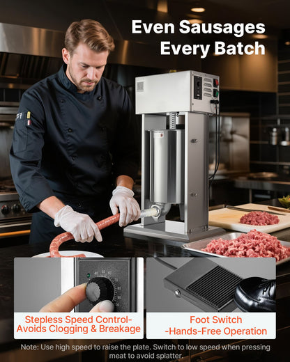 Elektrisk korvfyllare, 12 l vertikal köttfyllare, steglös hastighetskontroll och fotpedal, kraftig korvfyllare i rostfritt stål med 4 fyllningsrör, för kommersiellt och hemmabruk