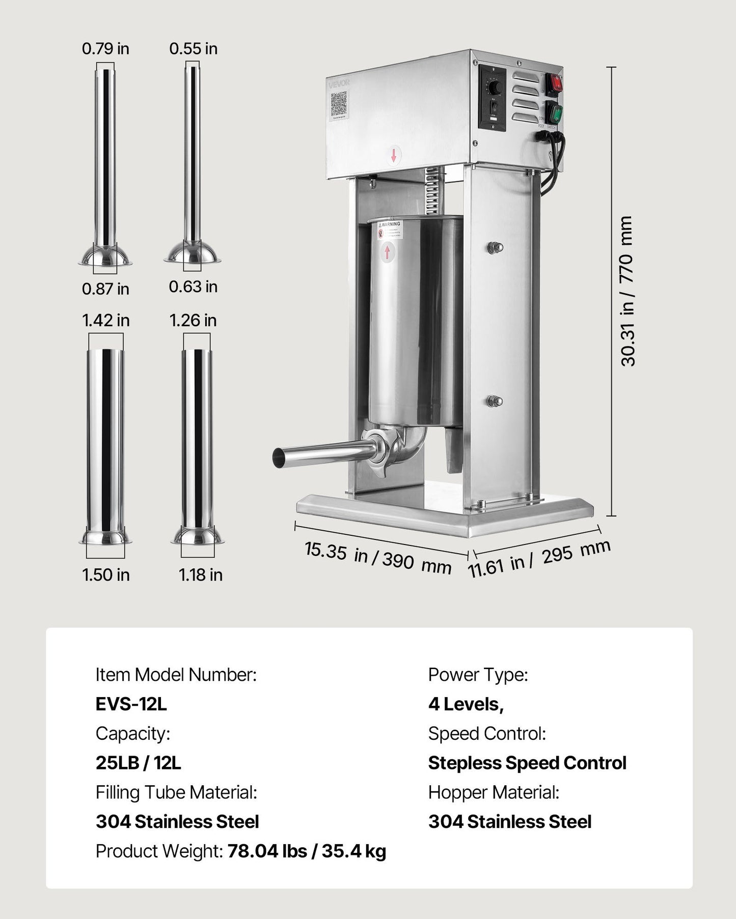 Elektrisk korvfyllare, 12 l vertikal köttfyllare, steglös hastighetskontroll och fotpedal, kraftig korvfyllare i rostfritt stål med 4 fyllningsrör, för kommersiellt och hemmabruk