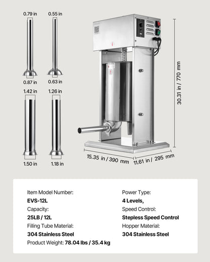 Elektrisk korvfyllare, 12 l vertikal köttfyllare, steglös hastighetskontroll och fotpedal, kraftig korvfyllare i rostfritt stål med 4 fyllningsrör, för kommersiellt och hemmabruk