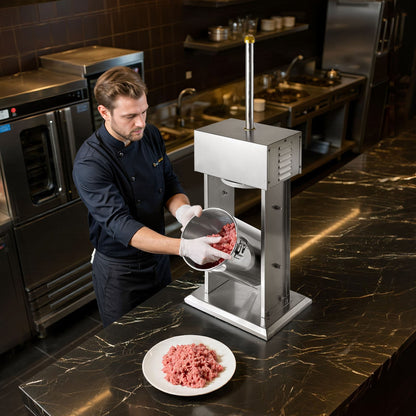 Elektrisk korvfyllare, 12 l vertikal köttfyllare, steglös hastighetskontroll och fotpedal, kraftig korvfyllare i rostfritt stål med 4 fyllningsrör, för kommersiellt och hemmabruk