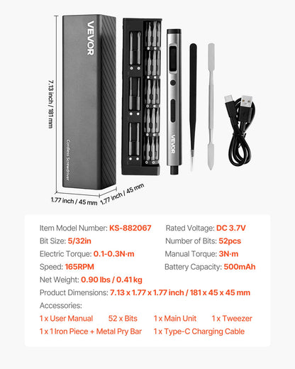 Elektrisk precisionsskruvmejselsats, 52 magnetiska bits, mini elektrisk skruvmejsel med magnetisk förvaringslåda, S2-stålbits, LED-lampa, typ-C-laddning, för reparation av telefoner, bärbara datorer och elektronik