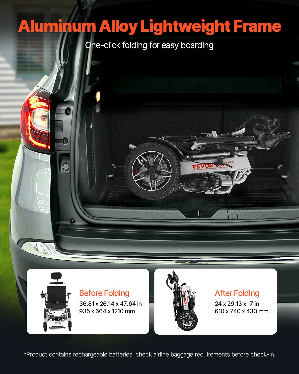 Elektrisk rullstol för vuxna, 136 kg kapacitet med justerbart ryggstöd, hopfällbar och lätt motoriserad rullstol, 21 km räckvidd, terrängdriven stol, bärbar för seniorer och funktionshindrade