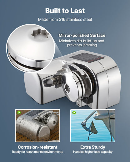 Horisontellt fiskespel, 12V DC 600W, Ankarsystem för ankarspel, lämpligt för 6,35 mm kätting eller 14,3 och 15,9 mm nylonrep, max dragkraft 260 kg, konstruktion i 316 rostfritt stål, för båtar 7-9 m