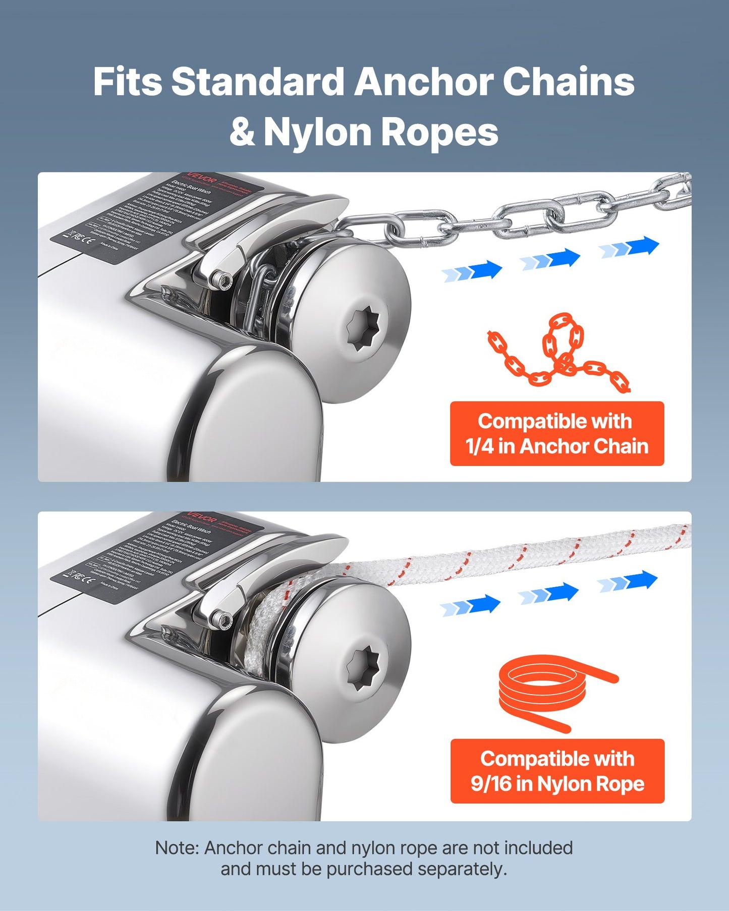 Horisontellt fiskespel, 12V DC 600W, Ankarsystem för ankarspel, lämpligt för 6,35 mm kätting eller 14,3 och 15,9 mm nylonrep, max dragkraft 260 kg, konstruktion i 316 rostfritt stål, för båtar 7-9 m