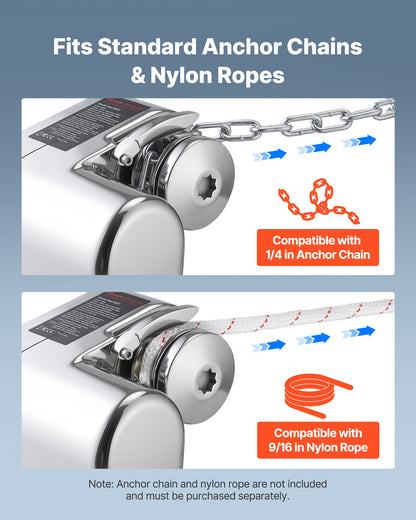 Horisontellt fiskespel, 12V DC 600W, Ankarsystem för ankarspel, lämpligt för 6,35 mm kätting eller 14,3 och 15,9 mm nylonrep, max dragkraft 260 kg, konstruktion i 316 rostfritt stål, för båtar 7-9 m
