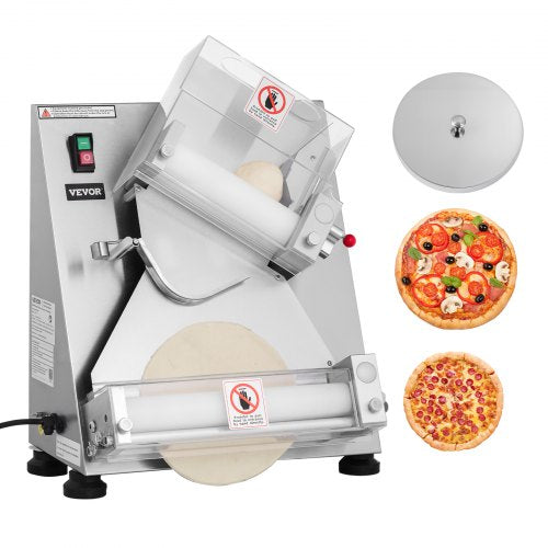Pizzadegsrulle, 3-14 tums automatisk pizzapress i rostfritt stål, kommersiell elektrisk 370W pastamaskin, 260 bitar per timme, justerbar tjocklek, med degpresslock