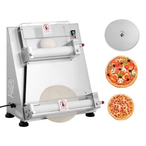Pizzadegsrulle, 3-16 tums halvautomatisk pizzapress i rostfritt stål, kommersiell elektrisk 390W pastamaskin, 260 bitar per timme, justerbar tjocklek, med degpresslock