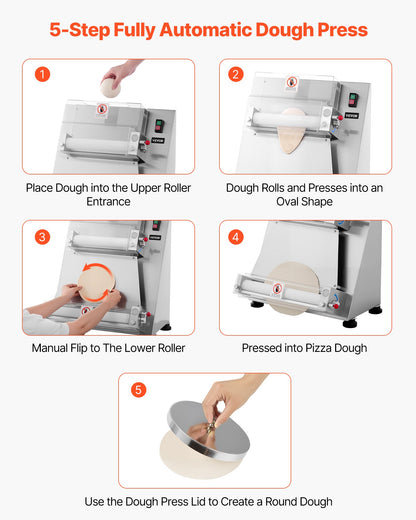 Pizzadegsrulle, 3-16 tums halvautomatisk pizzapress i rostfritt stål, kommersiell elektrisk 390W pastamaskin, 260 bitar per timme, justerbar tjocklek, med degpresslock