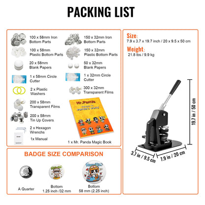 Knappmaskin, flera storlekar 1,25+2,25 tums stanspress för märkesmärken, barn DIY-presenter, knapptillverkningstillbehör med 500 st knappdelar och cirkelskärare och magisk bok