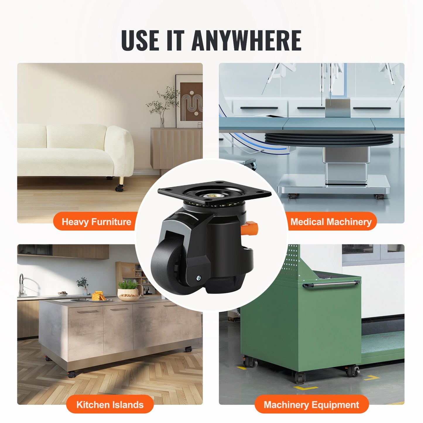 Nivåreglerande hjul, set med 19 141,6 kg total lastkapacitet, 6,3 cm, kraftiga med uppgraderad handtagsdesign, 360 graders svängbara hjul, justerbara hjul med fötter för arbetsbänk, maskin