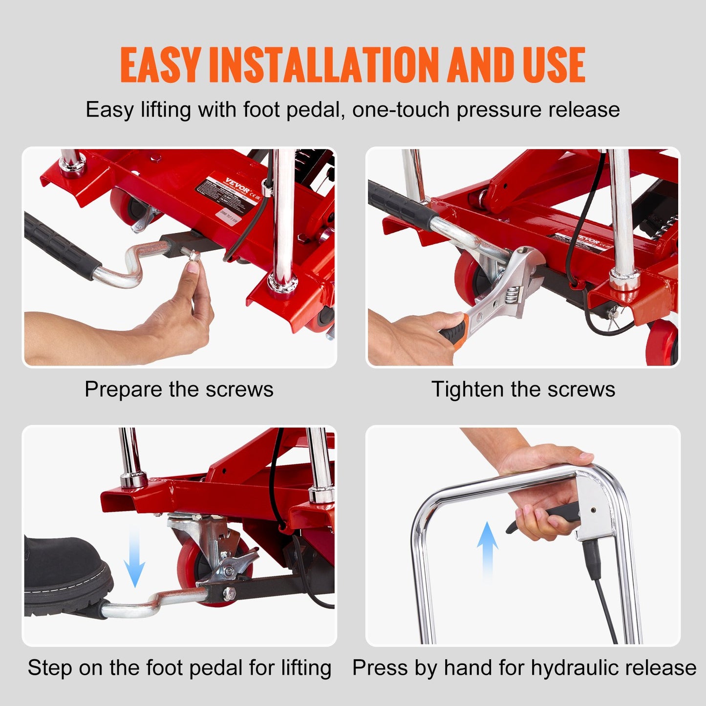 Hydraulisk lyftbordsvagn, 500lbs kapacitet 28,5" lyfthöjd, manuellt enkel saxlyftbord med 4 hjul och halkfri dyna, hydraulisk saxvagn för materialhantering, röd