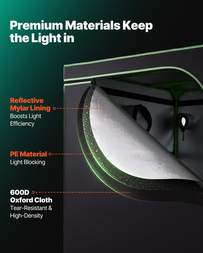 Inomhusväxttältkit, 150 x 150 x 200 cm, inomhusväxttält med fullspektrum LED-växtljus och ventilationssystem, 600D högreflekterande Mylar, odlingstält för blomstergrönsaker