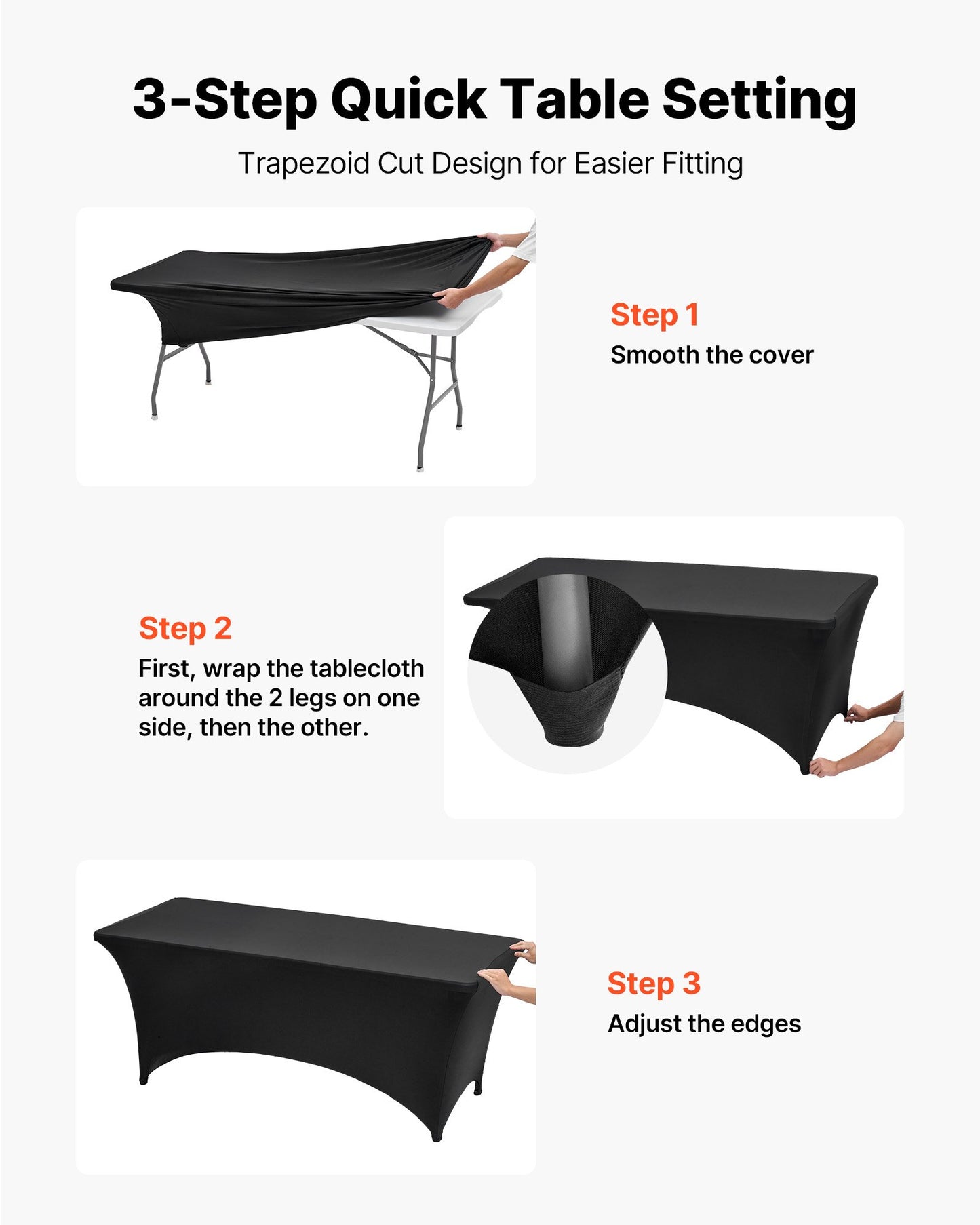 10-pack bordsdukar för 1,8 meter rektangulära evenemang, skrynkelresistenta svarta stretchdukar, tvättbara spandexdukar, för fest, bröllop, cocktail, bankett, festival