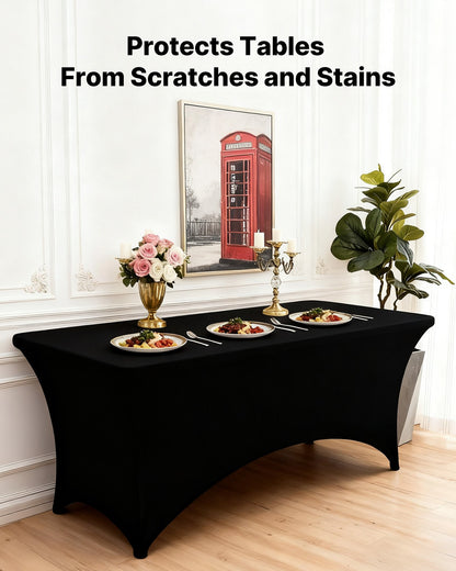 6-pack bordsdukar för 1,8 meter rektangulära evenemang, skrynkelresistenta svarta stretchdukar, tvättbara spandexdukar, för fest, bröllop, cocktail, bankett, festival