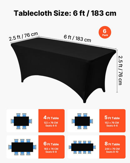 6-pack bordsdukar för 1,8 meter rektangulära evenemang, skrynkelresistenta svarta stretchdukar, tvättbara spandexdukar, för fest, bröllop, cocktail, bankett, festival