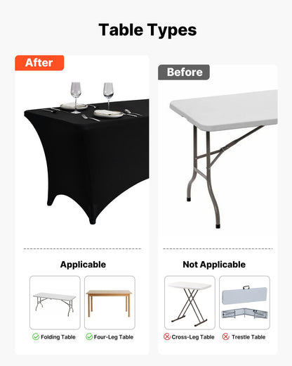 6-pack bordsdukar för 1,8 meter rektangulära evenemang, skrynkelresistenta svarta stretchdukar, tvättbara spandexdukar, för fest, bröllop, cocktail, bankett, festival