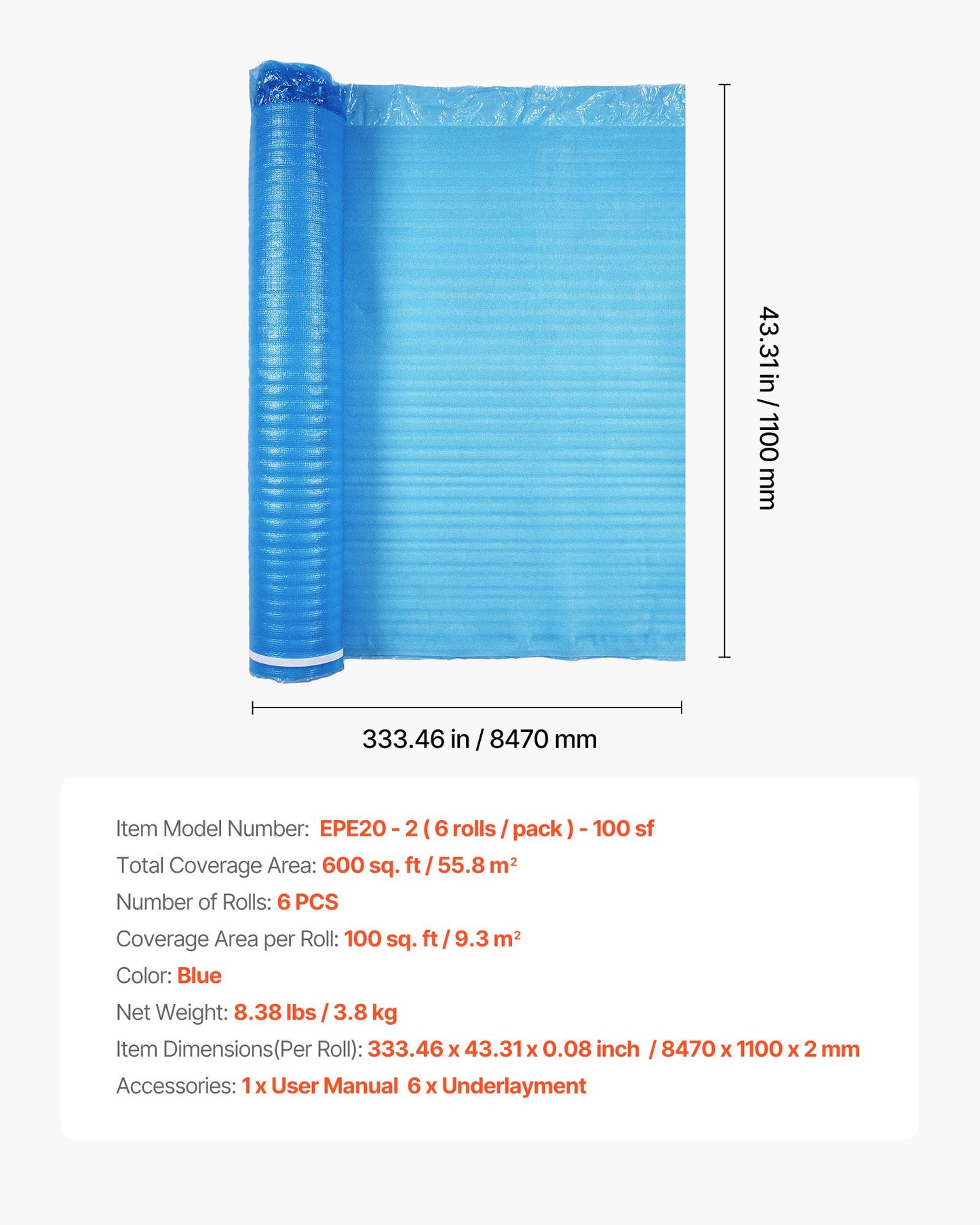 Golvunderlag 55,8 m², 3-i-1 2 mm tjock golvstoppning med tejp och ångspärr, kraftigt EPE-skum med blå PE, ljudisolering och brusreducering, för laminatträ (6 rullar x 9,3 m²)