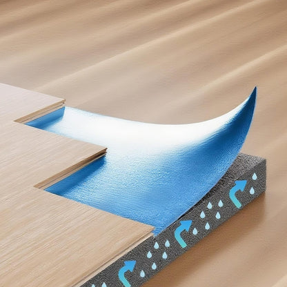 Golvunderlag 55,8 m², 3-i-1 2 mm tjock golvstoppning med tejp och ångspärr, kraftigt EPE-skum med blå PE, ljudisolering och brusreducering, för laminatträ (6 rullar x 9,3 m²)