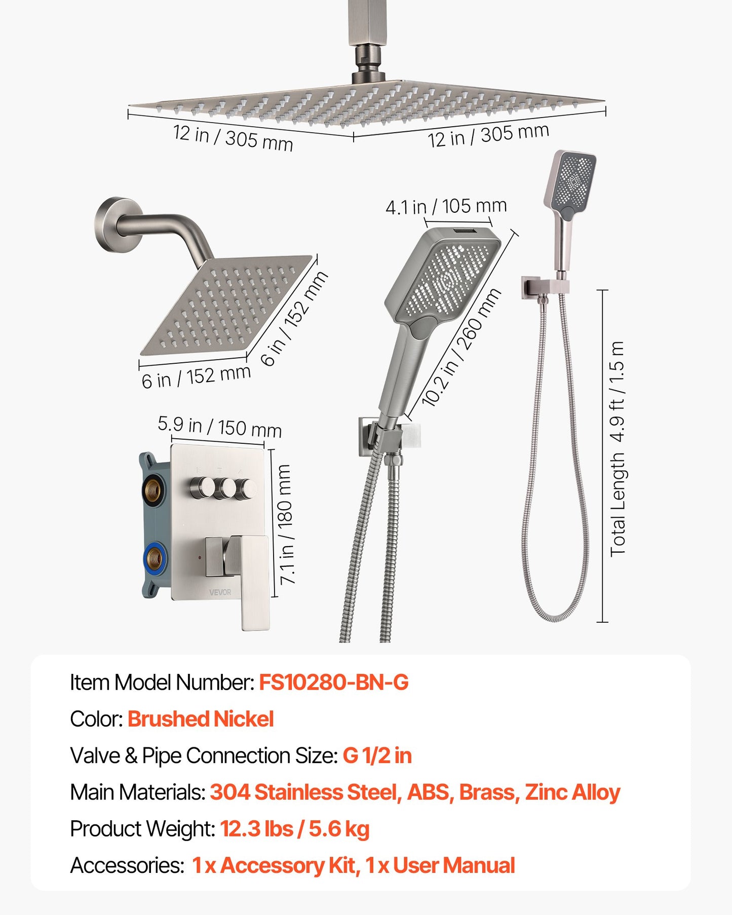 Duschblandareset, 305 mm takmonterat regnduschsystem med 152 mm väggmonterat huvud och 4-i-1 handdusch, roterbart 3-funktions dubbelt regnduschhuvud, mässingsventil och tillbehör, borstad nickel