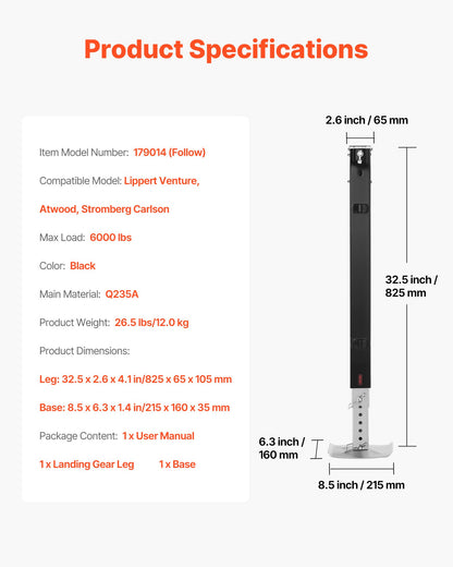 RV Follow femtehjulslandningsställsben 179014, 825 mm femtehjulslandningsställ universellt ersättningskompatibelt med Lippert Venture, Atwood, Stromberg Carlson Systems, med stift och bas, svart