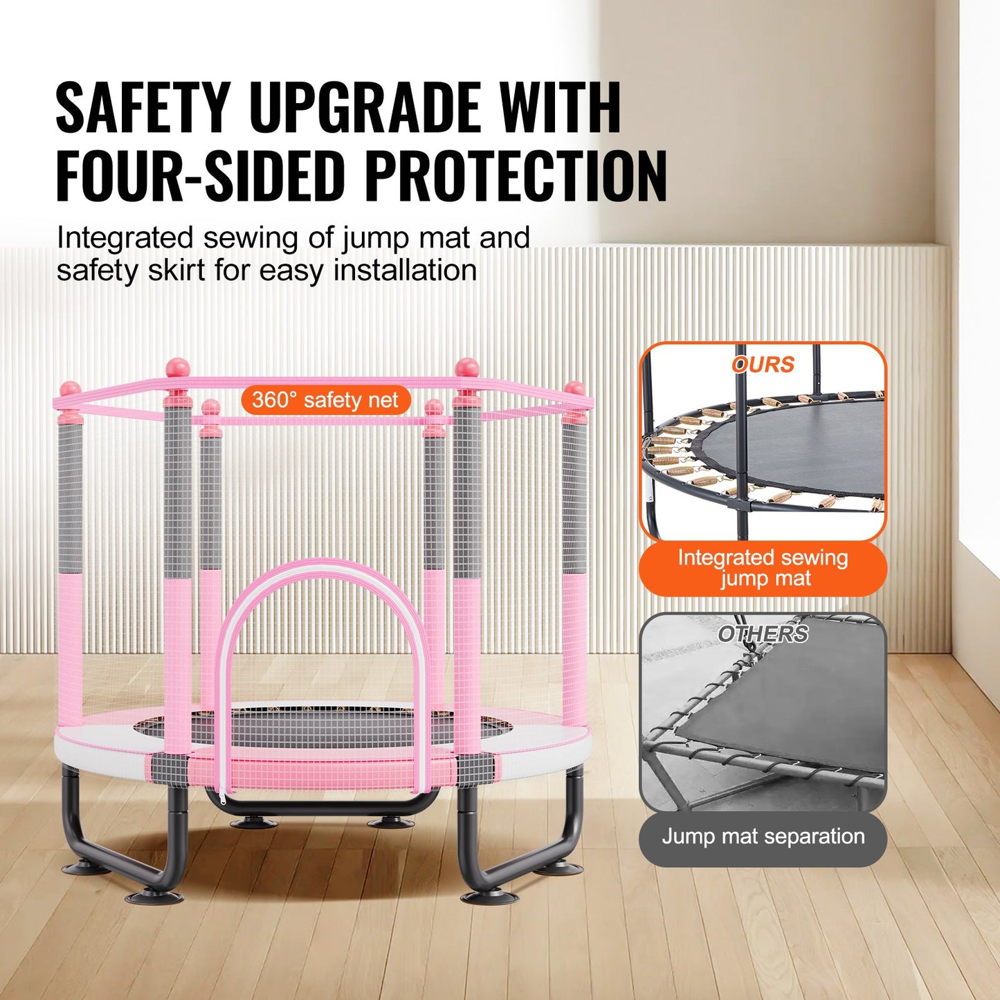 60" barnstudsmatta, 1,5 meter inomhus- och utomhusstudsmatta, mini-studsmatta för småbarn med säkerhetsnät och basketkorg, födelsedagspresenter, julleksaker för barn från 3 år, rosa