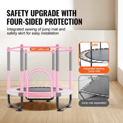 60" barnstudsmatta, 1,5 meter inomhus- och utomhusstudsmatta, mini-studsmatta för småbarn med säkerhetsnät och basketkorg, födelsedagspresenter, julleksaker för barn från 3 år, rosa