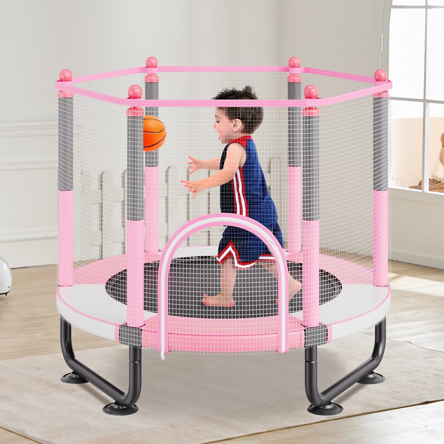 60" barnstudsmatta, 1,5 meter inomhus- och utomhusstudsmatta, mini-studsmatta för småbarn med säkerhetsnät och basketkorg, födelsedagspresenter, julleksaker för barn från 3 år, rosa