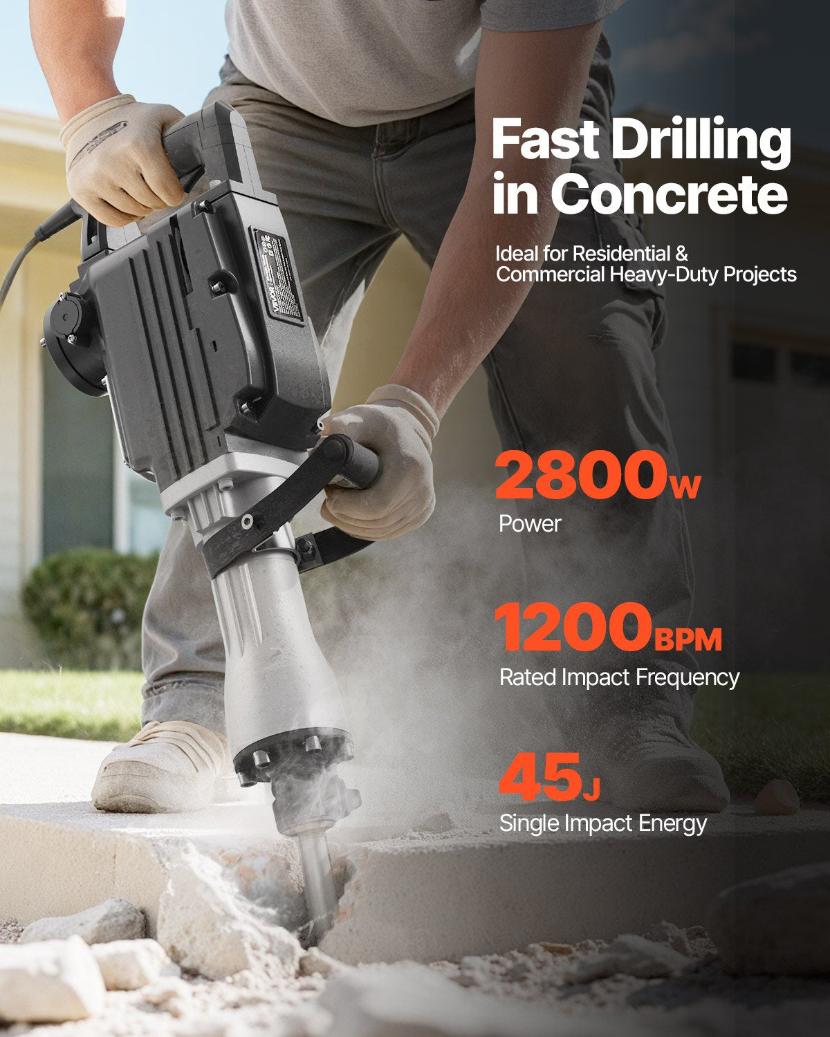 Rivningshammare, 2800 W kraftfull elektrisk tryckluftshammare, 1200 slag/min betongbrytare med 3 mejslar, en lerspade, bärväska, handskar, för betong, väggar, tegel, kakel och grund