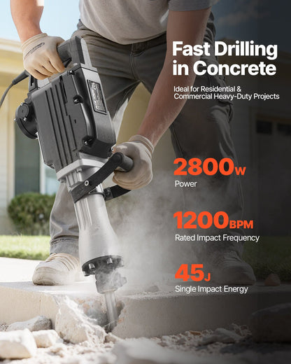 Rivningshammare, 2800 W kraftfull elektrisk tryckluftshammare, 1200 slag/min betongbrytare med 3 mejslar, en lerspade, bärväska, handskar, för betong, väggar, tegel, kakel och grund