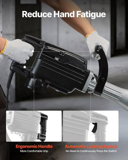 Rivningshammare, 2800 W kraftfull elektrisk tryckluftshammare, 1200 slag/min betongbrytare med 3 mejslar, en lerspade, bärväska, handskar, för betong, väggar, tegel, kakel och grund