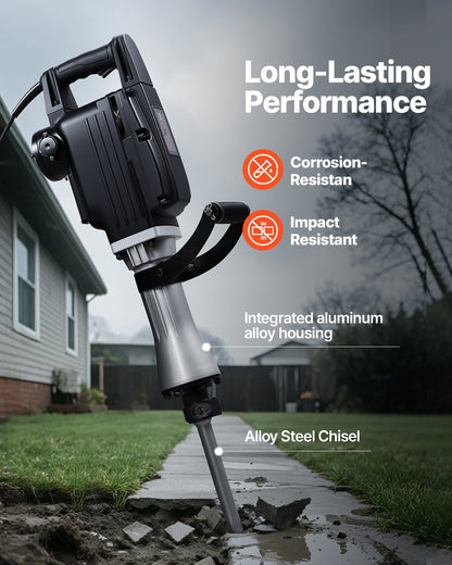 Rivningshammare, 2800 W kraftfull elektrisk tryckluftshammare, 1200 slag/min betongbrytare med 3 mejslar, en lerspade, bärväska, handskar, för betong, väggar, tegel, kakel och grund