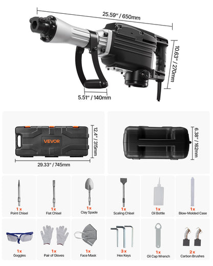 Rivningshammare, 2800 W kraftfull elektrisk tryckluftshammare, 1200 slag/min betongbrytare med 3 mejslar, en lerspade, bärväska, handskar, för betong, väggar, tegel, kakel och grund