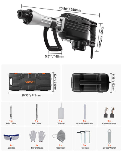Rivningshammare, 2800 W kraftfull elektrisk tryckluftshammare, 1200 slag/min betongbrytare med spetsmejsel, plattmejsel, bärväska, handskar, för betong, vägg, tegel, kakel och grund