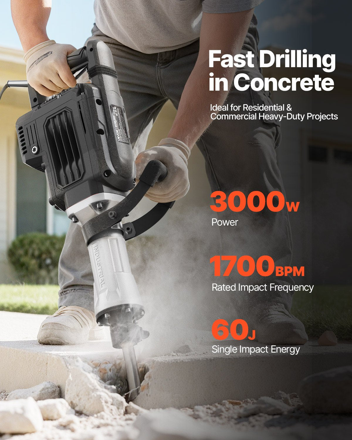 Rivningshammare, 3000 W kraftfull elektrisk tryckluftshammare, 1700 slag/min betongbrytare med spetsmejsel, bärväska, handskar, skyddsglasögon, för betong, väggar, tegel, kakel och grund