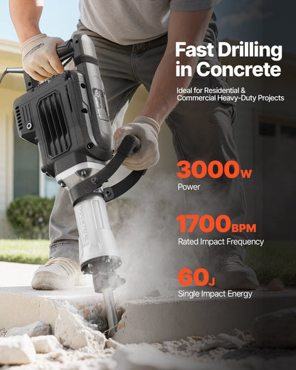 Rivningshammare, 3000 W kraftfull elektrisk tryckluftshammare, 1700 slag/min betongbrytare med spetsmejsel, bärväska, handskar, skyddsglasögon, för betong, väggar, tegel, kakel och grund