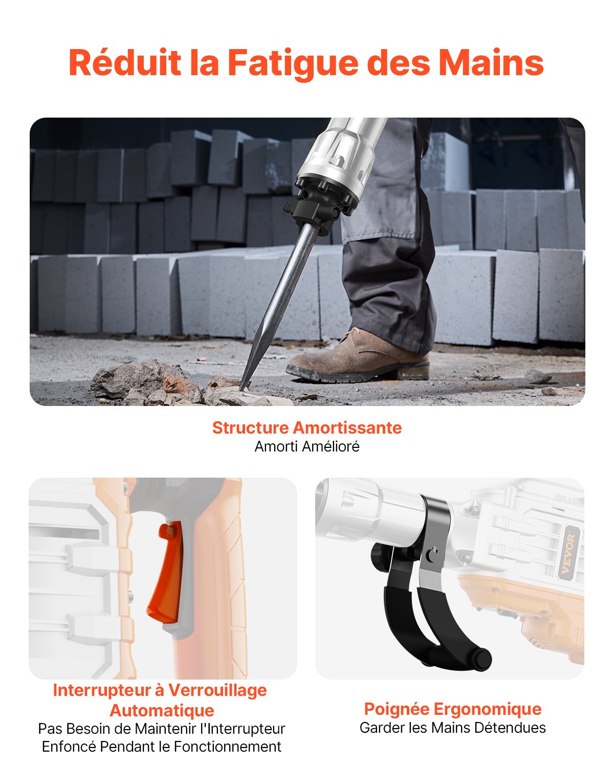 Rivningslyft, 3500W lyfthammare för betong, 1900 slag/min kraftig elektrisk lyfthammare, 2 st mejsel med handskar och 360°C vridbart framhandtag för schaktning och håltagning