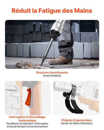Rivningslyft, 3500W lyfthammare för betong, 1900 slag/min kraftig elektrisk lyfthammare, 2 st mejsel med handskar och 360°C vridbart framhandtag för schaktning och håltagning