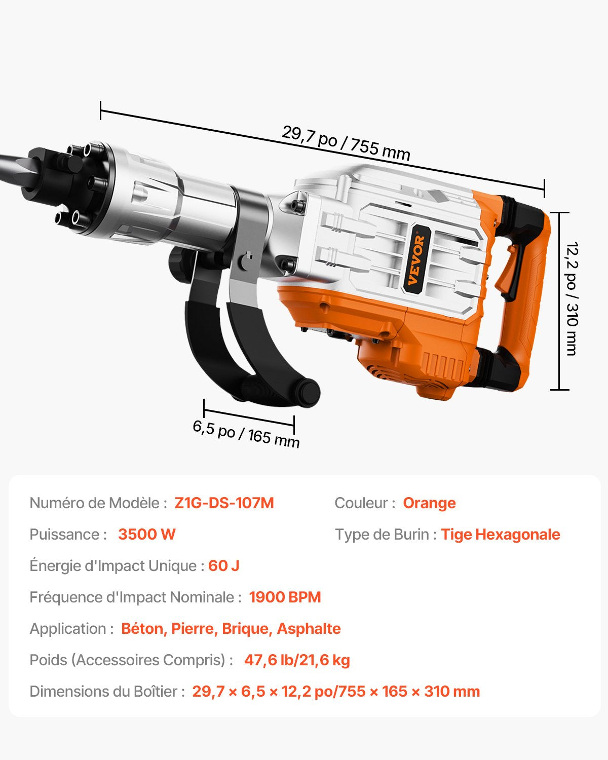 Rivningslyft, 3500W lyfthammare för betong, 1900 slag/min kraftig elektrisk lyfthammare, 2 st mejsel med handskar och 360°C vridbart framhandtag för schaktning och håltagning