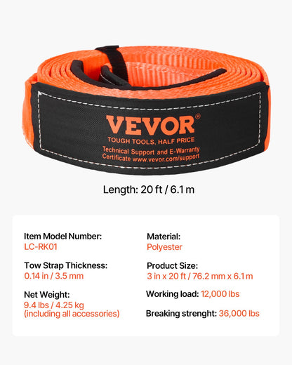 Kraftigt dragbandsåterhämtningssats 76,2 mm x 6,1 m (MBS-16329 kg) trädskyddsrem för vinsch, trippelförstärkt ögla och skyddshylsor och förvaringsväska, 19 mm D-ringsschacklar, för lastbil, jeep, SUV, ATV