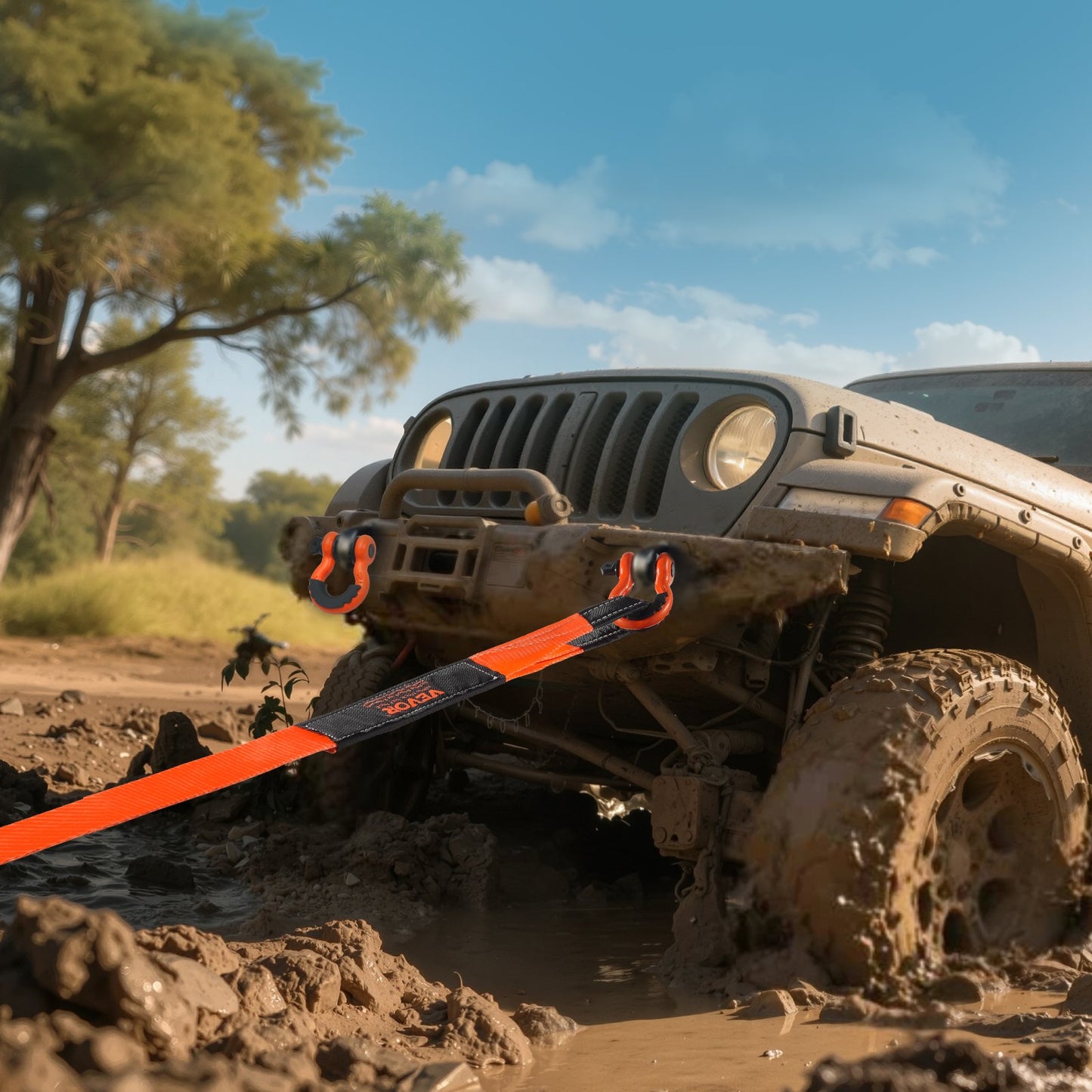 Kraftigt dragbandsåterhämtningssats 76,2 mm x 6,1 m (MBS-16329 kg) trädskyddsrem för vinsch, trippelförstärkt ögla och skyddshylsor och förvaringsväska, 19 mm D-ringsschacklar, för lastbil, jeep, SUV, ATV